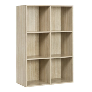 Freistehendes Bücherregal mit 6 Würfelfächern, Dekoratives Standregal aus MDF, Weiß/Helle Eiche, 60 x 29,5 x 89 cm