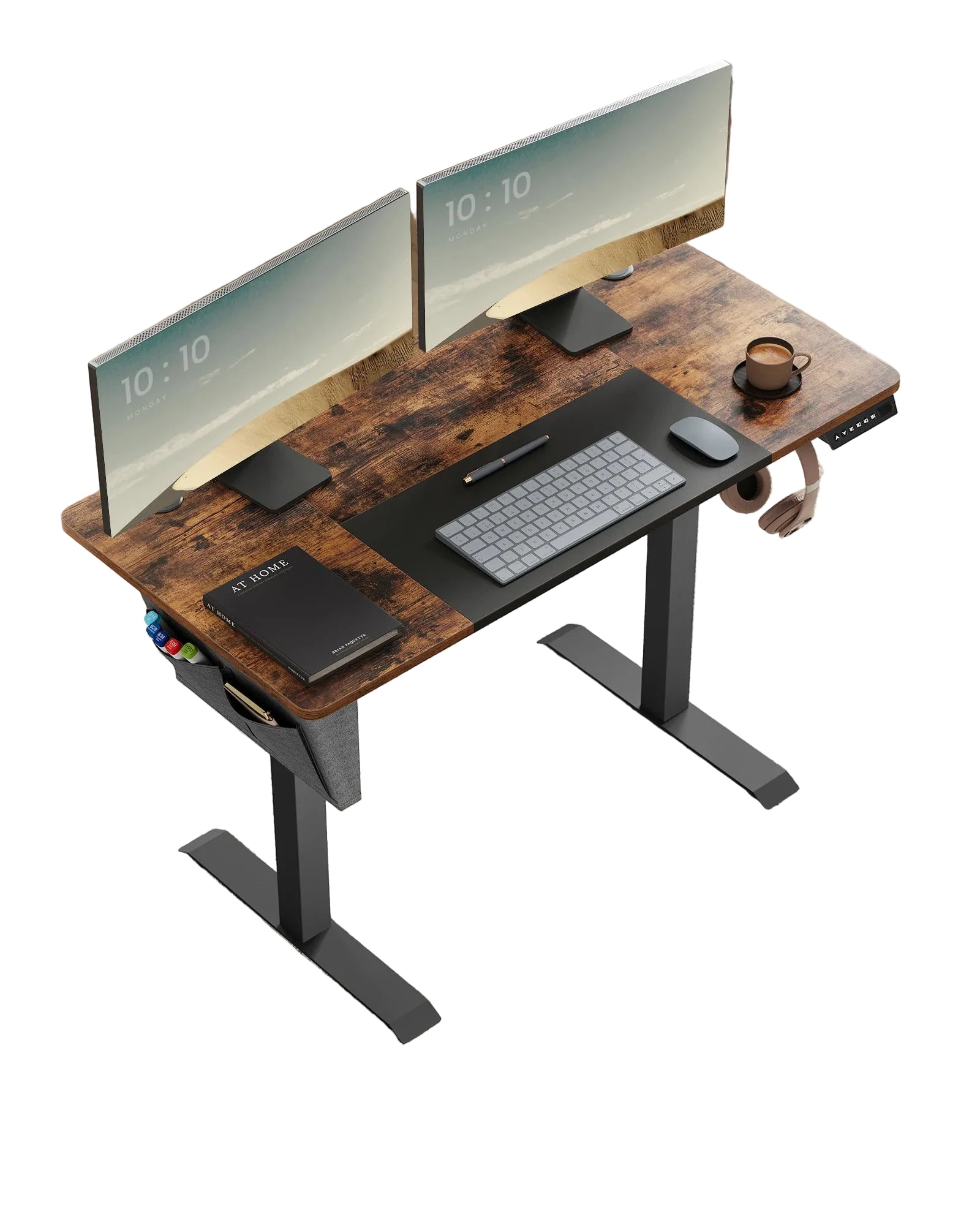 Elektrisch Höhenverstellbarer Schreibtisch 120/140/160 cm, Computertisch mit Memory-Funktion, Stoff-Organizer, Kabelmanagement und Haken