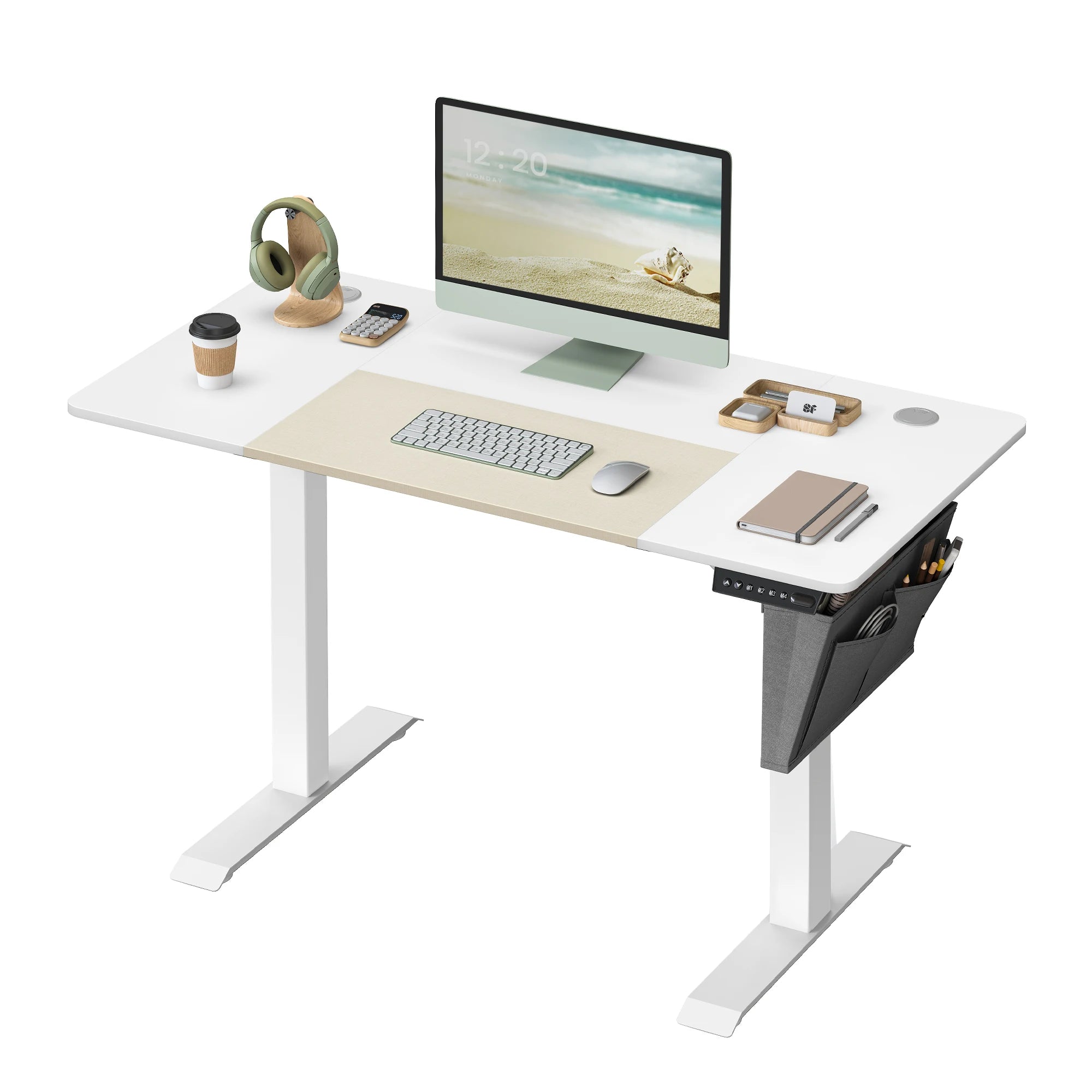 Elektrisch Höhenverstellbarer Schreibtisch 120/140/160 cm, Computertisch mit Memory-Funktion, Stoff-Organizer, Kabelmanagement und Haken