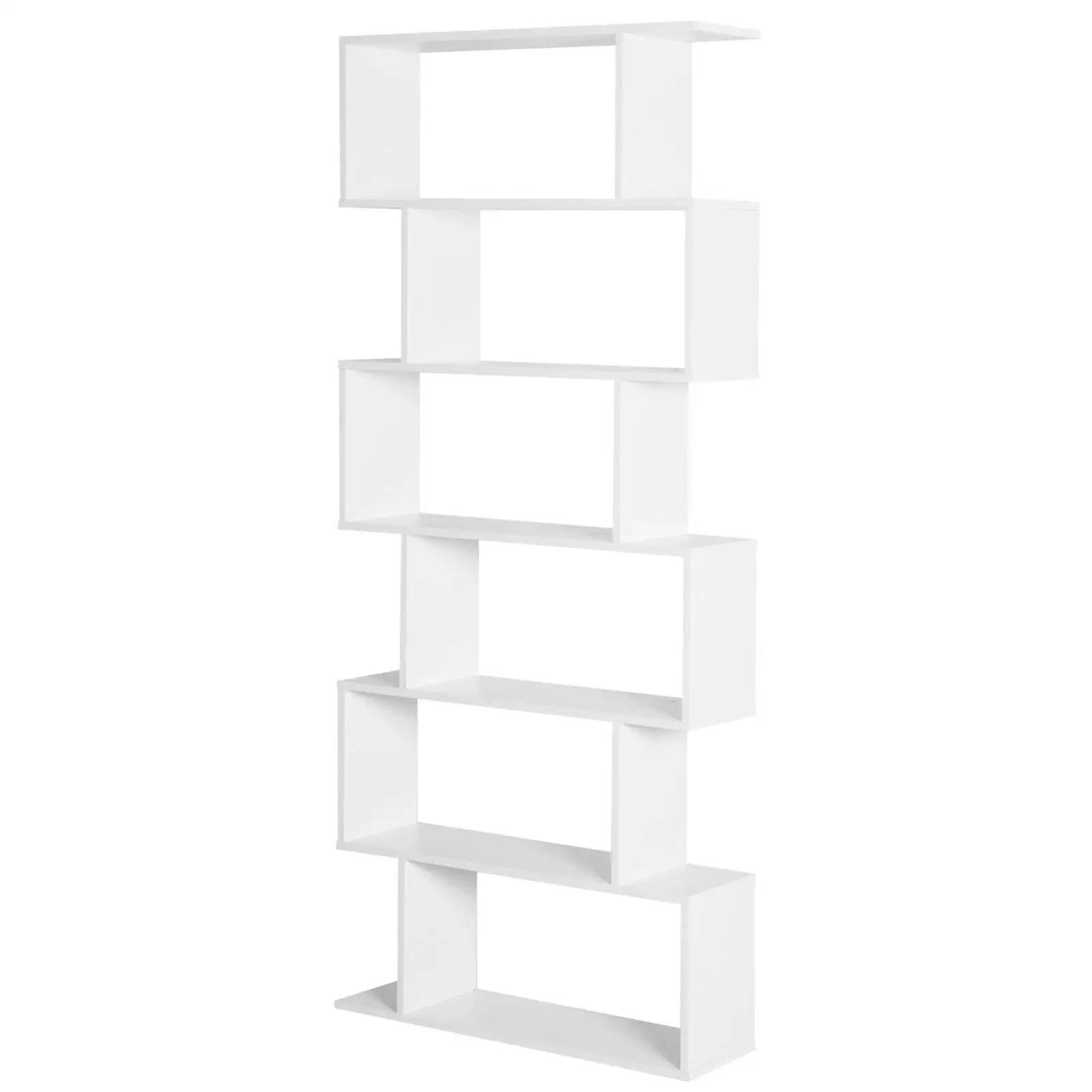 S-förmiges Bücherregal mit 6 Ebenen, Freistehendes Standregal aus Spanplatte, Weiß, 80 x 23 x 192 cm
