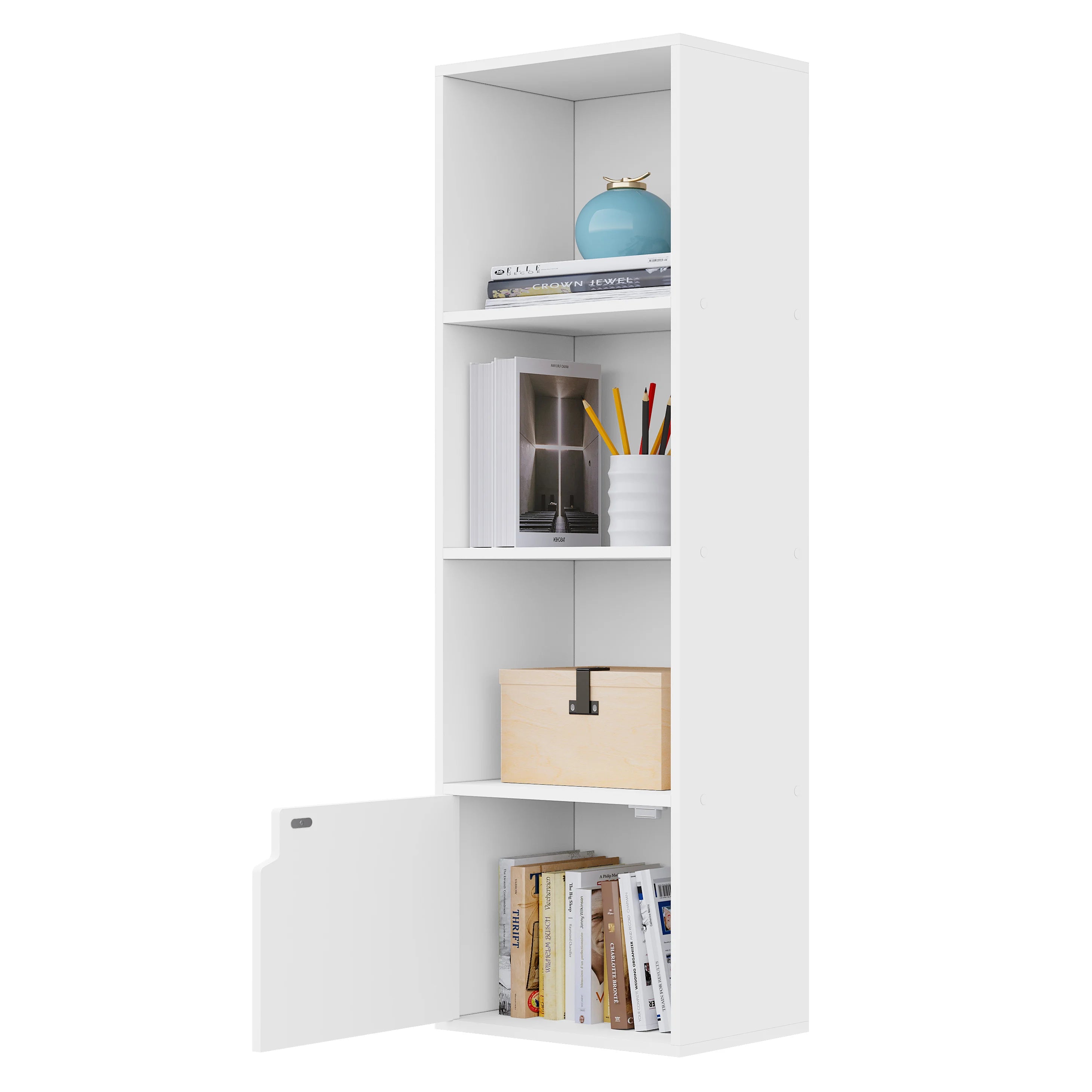 Bücherregal mit 4 Fächern und 1 Tür, Stehender Aufbewahrungsschrank, Würfelregal 34 x 106 x 24 cm