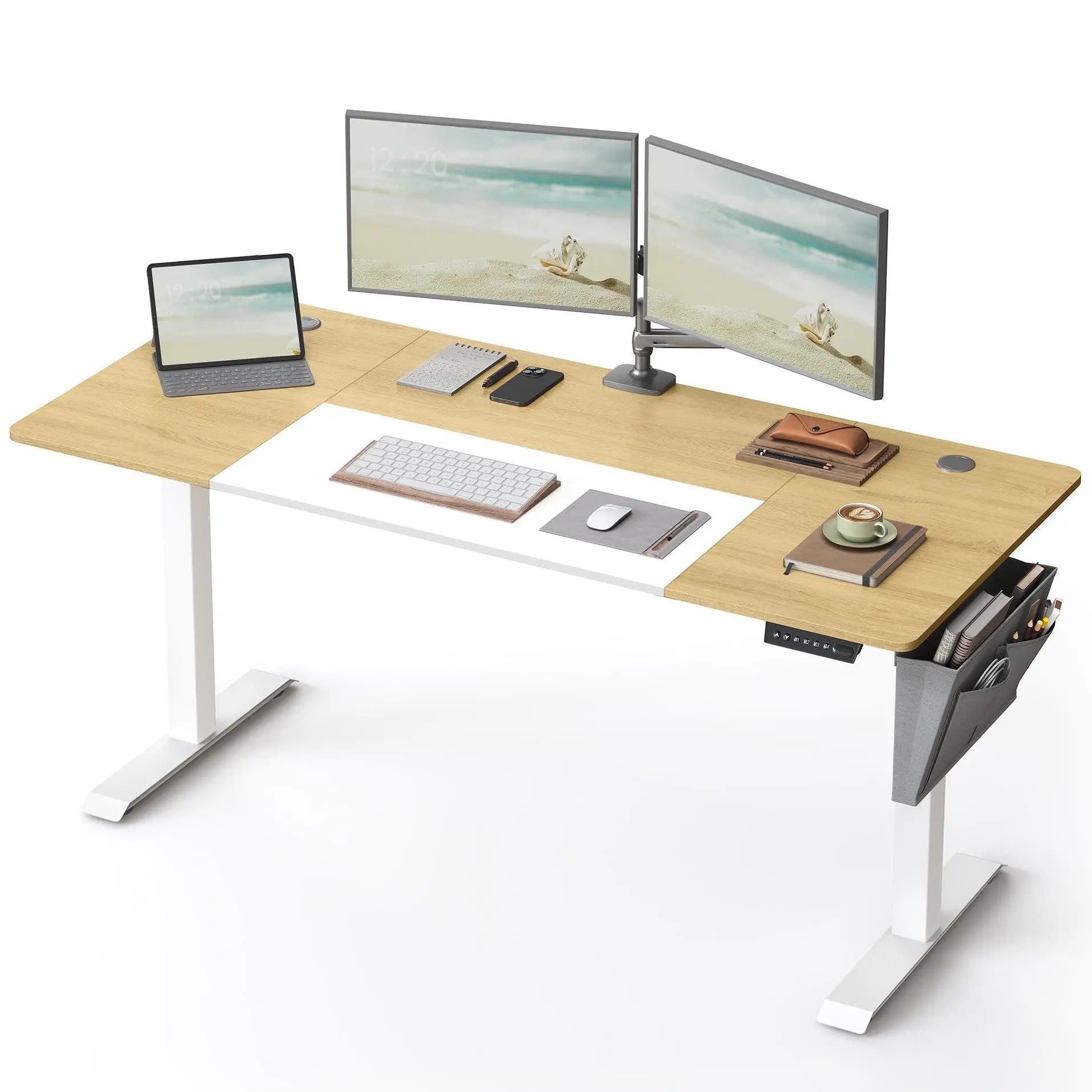 Elektrisch Höhenverstellbarer Schreibtisch 120/140/160 cm, Computertisch mit Memory-Funktion, Kabelmanagement, Stofftasche und Haken