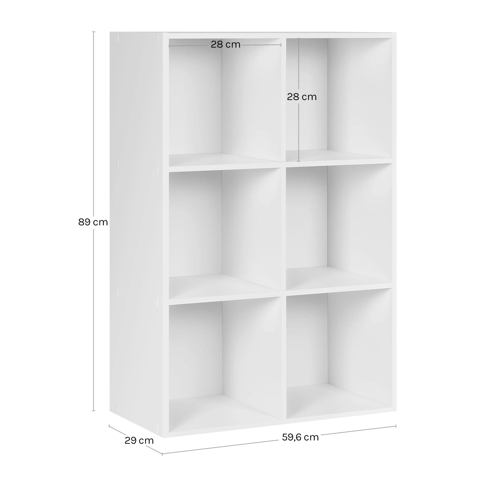 Freistehendes Bücherregal mit 6 Würfelfächern, Dekoratives Standregal aus MDF, Weiß/Helle Eiche, 60 x 29,5 x 89 cm