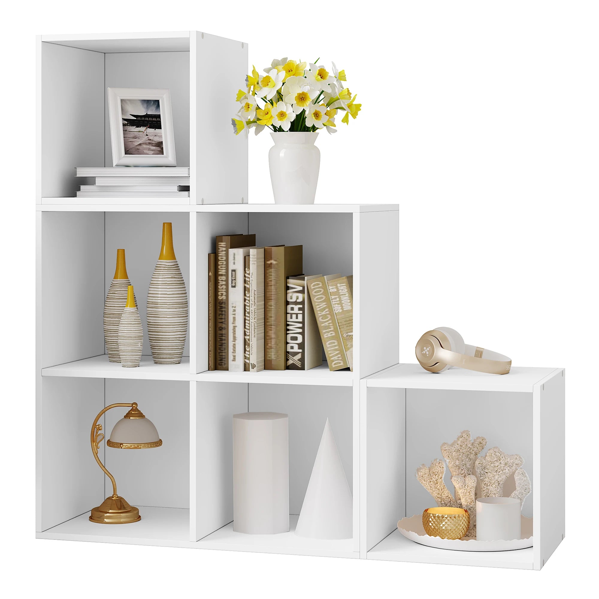 Stehendes Bücherregal mit 6 Fächern, Würfelregal aus Holz, Aufbewahrungsregal 90 x 90 x 30 cm, Weiß/Helle Eiche