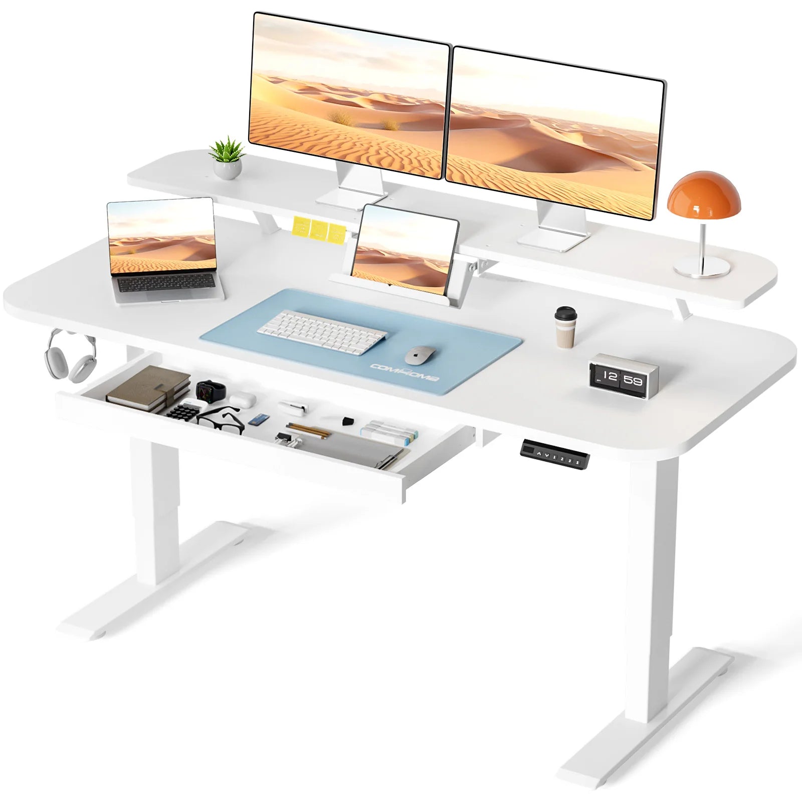 Elektrisch Höhenverstellbarer Schreibtisch mit Schubladen, Monitorständer und Tablet-Halterung, Weiß, Verstellbarer Bürotisch