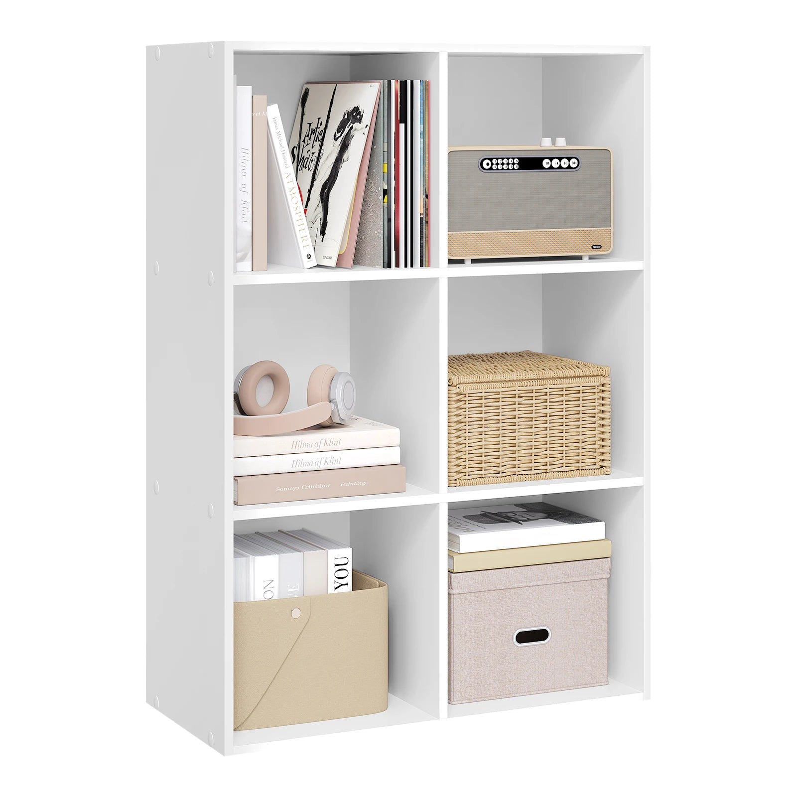 Freistehendes Bücherregal mit 6 Würfelfächern, Dekoratives Standregal aus MDF, Weiß/Helle Eiche, 60 x 29,5 x 89 cm