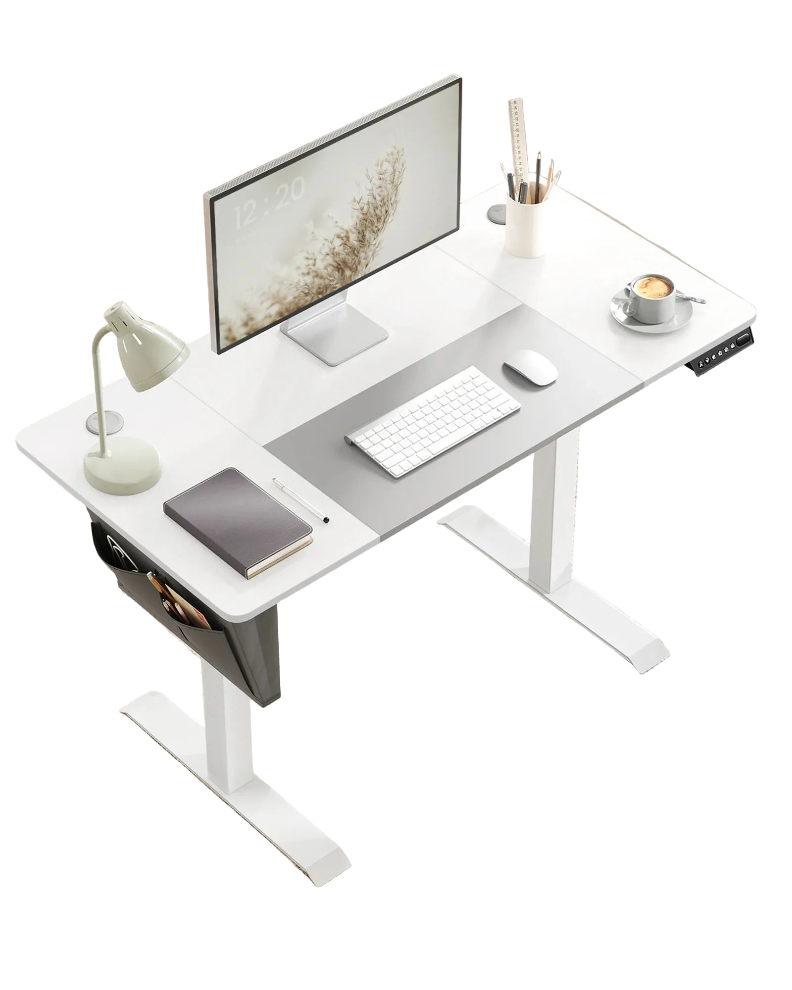 Elektrisch Höhenverstellbarer Schreibtisch 120/140/160 cm, Computertisch mit Memory-Funktion, Stoff-Organizer, Kabelmanagement und Haken