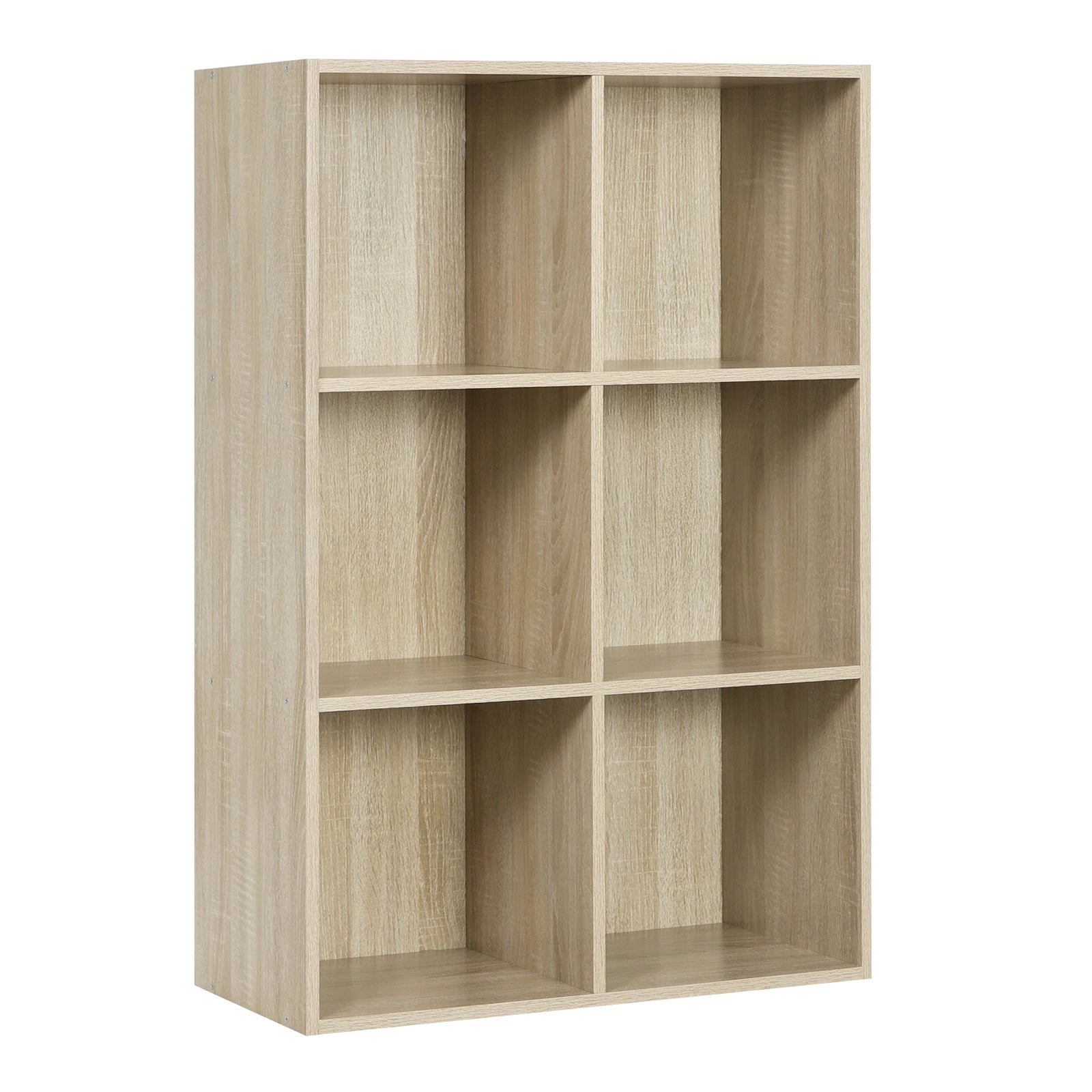 Freistehendes Bücherregal mit 6 Würfelfächern, Dekoratives Standregal aus MDF, Weiß/Helle Eiche, 60 x 29,5 x 89 cm