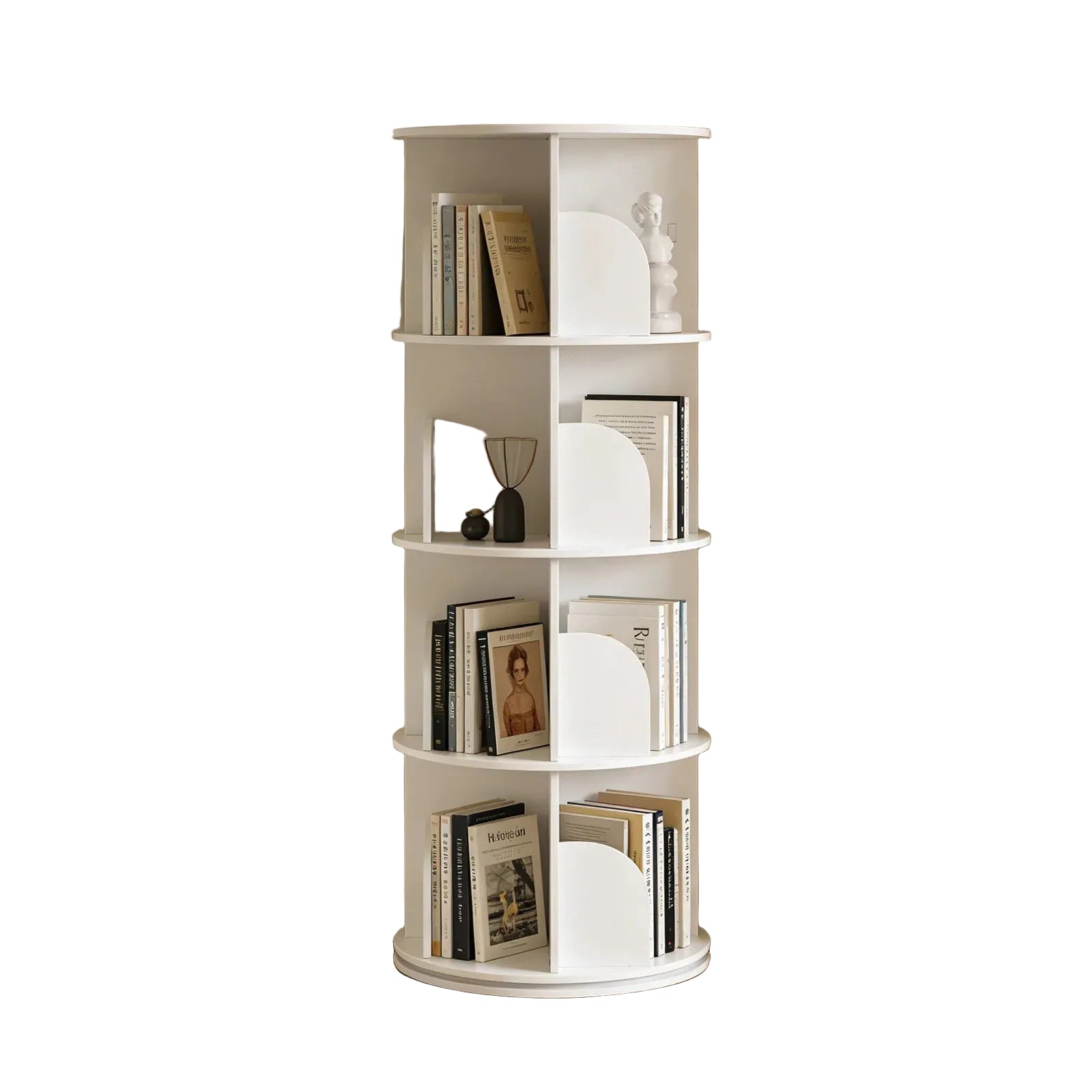 360° Drehbares Bücherregal mit 16 Fächern, 4-stufiges Standregal, Rundes Aufbewahrungsregal aus PVC und Legierung, Weiß, Tragkraft 60 kg