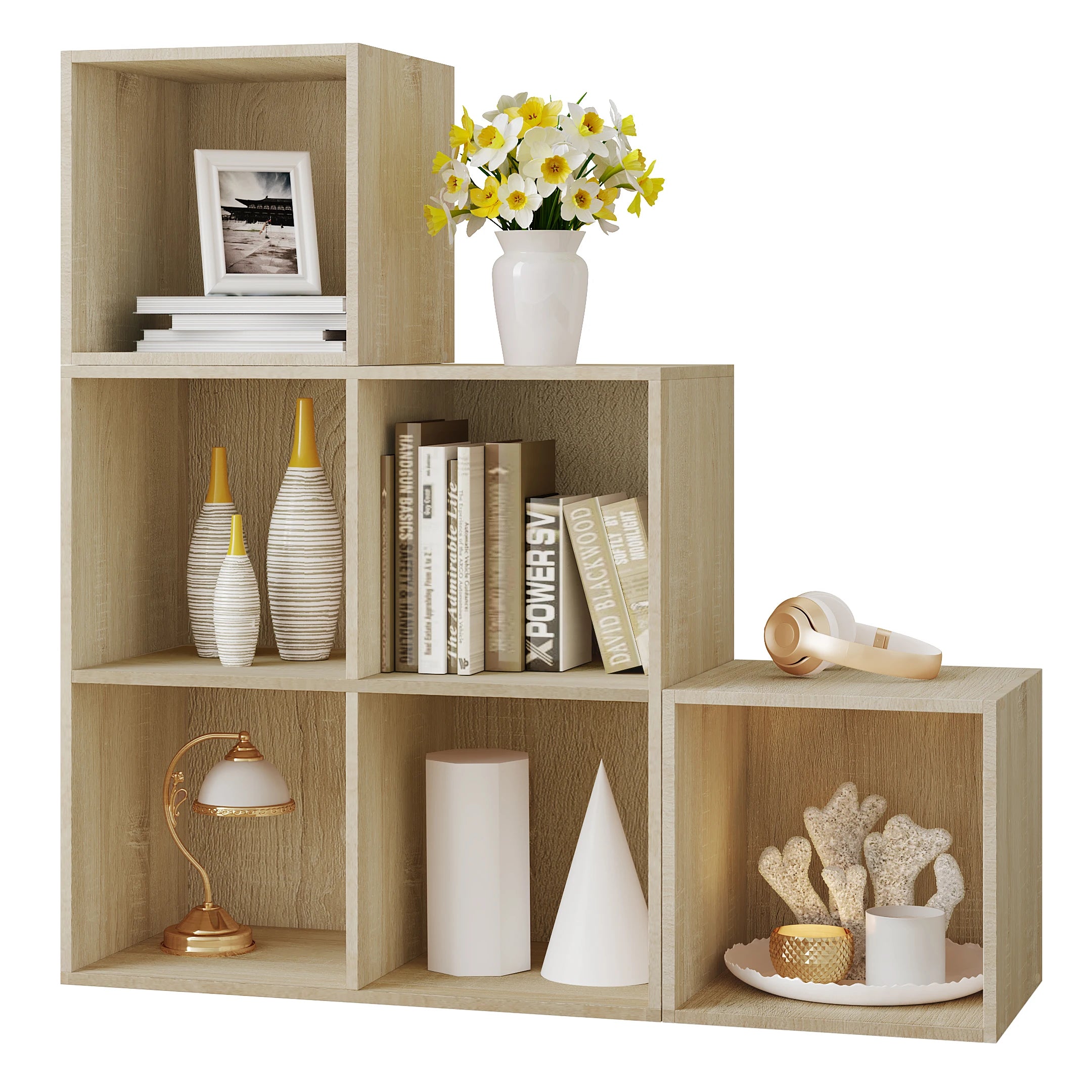 Stehendes Bücherregal mit 6 Fächern, Würfelregal aus Holz, Aufbewahrungsregal 90 x 90 x 30 cm, Weiß/Helle Eiche