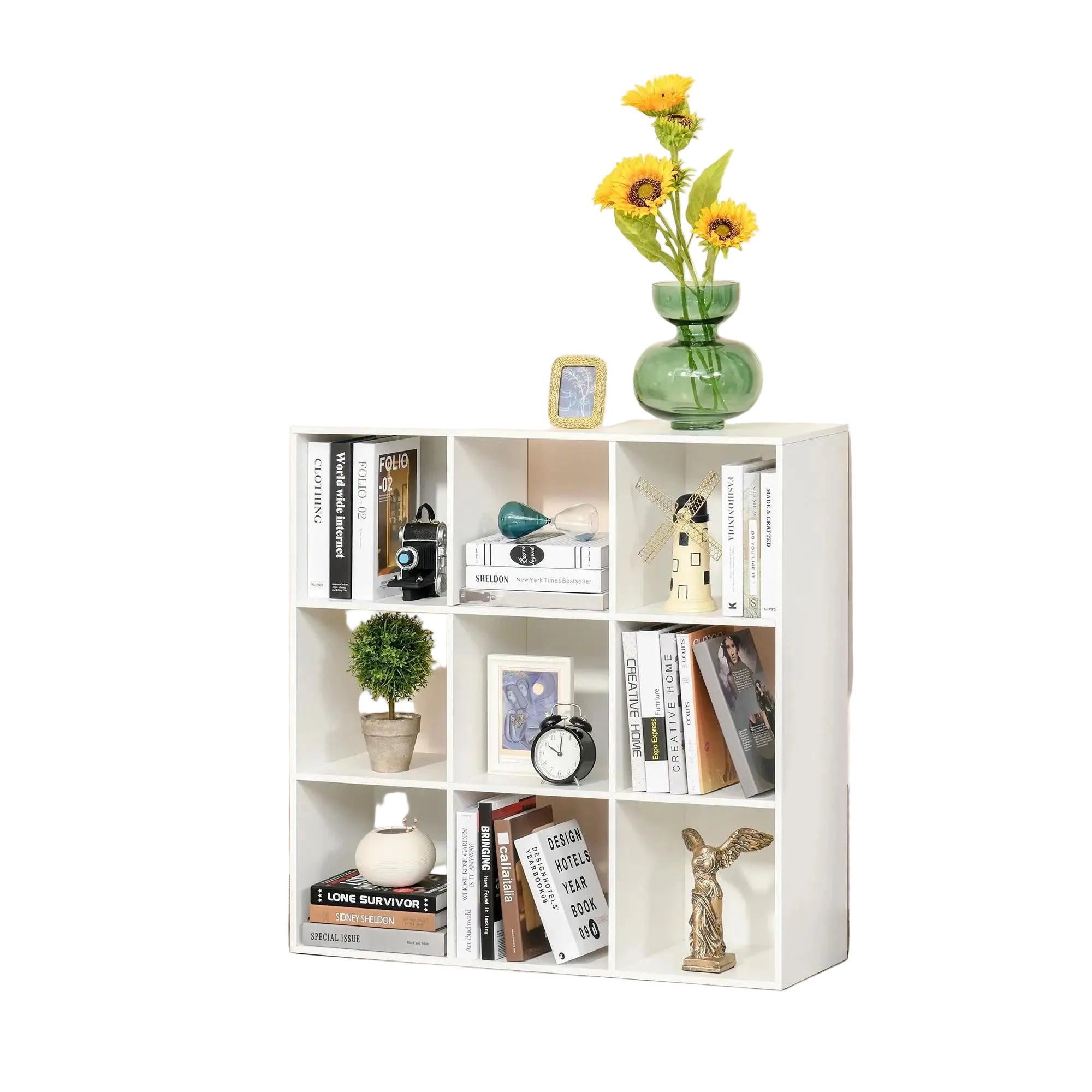 3-stufiges Bücherregal mit 9 Würfelfächern, Freistehendes Aufbewahrungsregal aus Spanplatte, Weiß, 91,5 x 29,5 x 91,5 cm