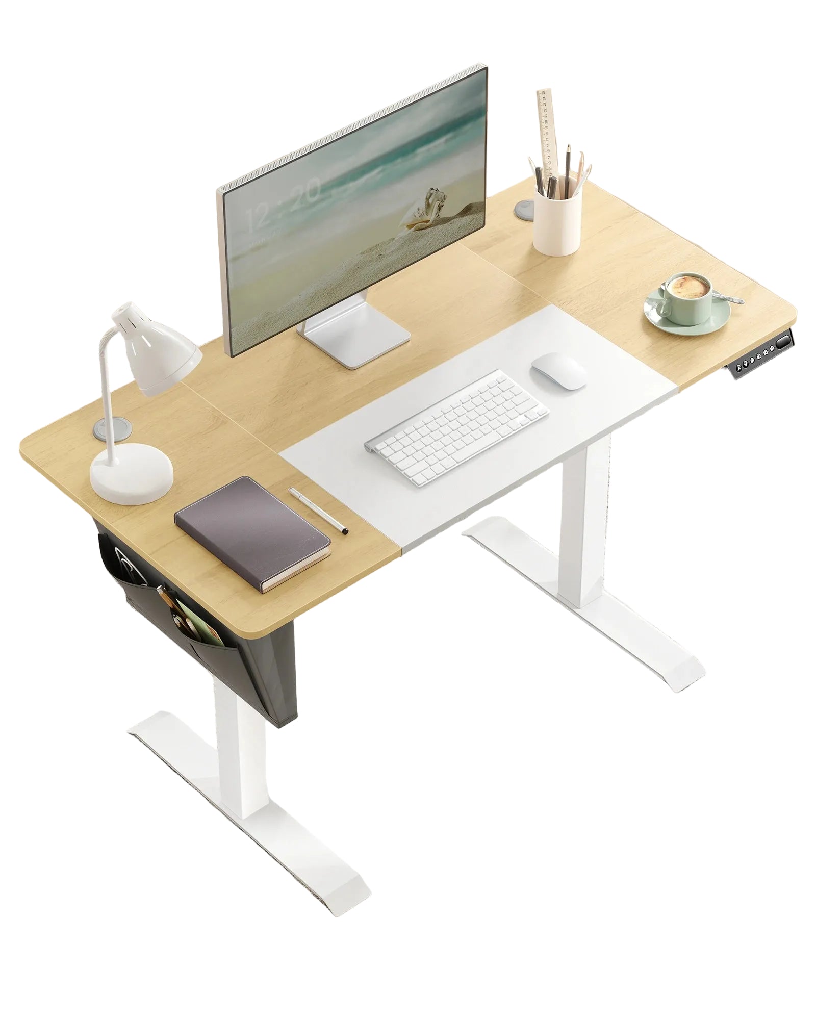 Elektrisch Höhenverstellbarer Schreibtisch 120/140/160 cm, Computertisch mit Memory-Funktion, Stoff-Organizer, Kabelmanagement und Haken