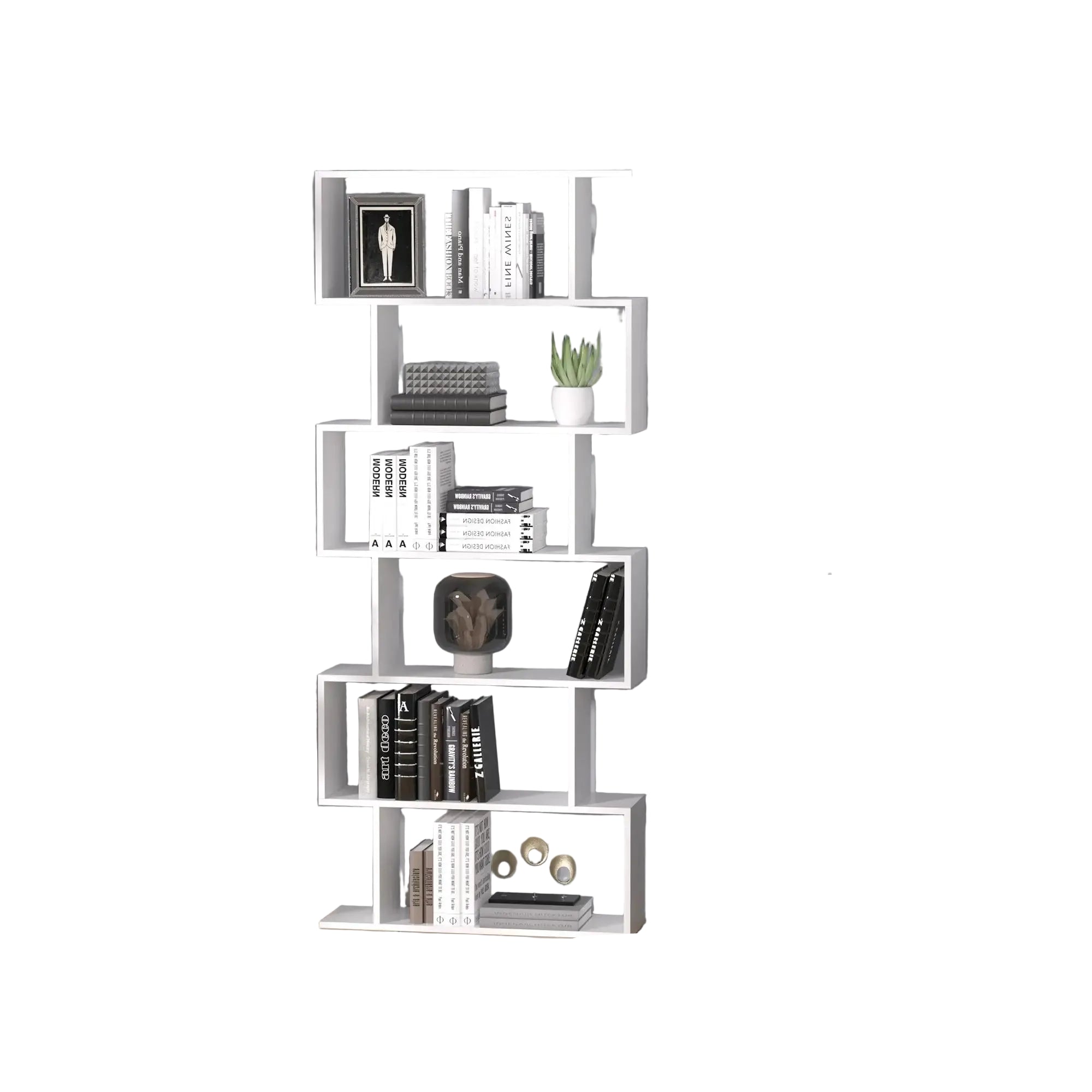 S-förmiges Bücherregal mit 6 Ebenen, Freistehendes Standregal aus Spanplatte, Weiß, 80 x 23 x 192 cm