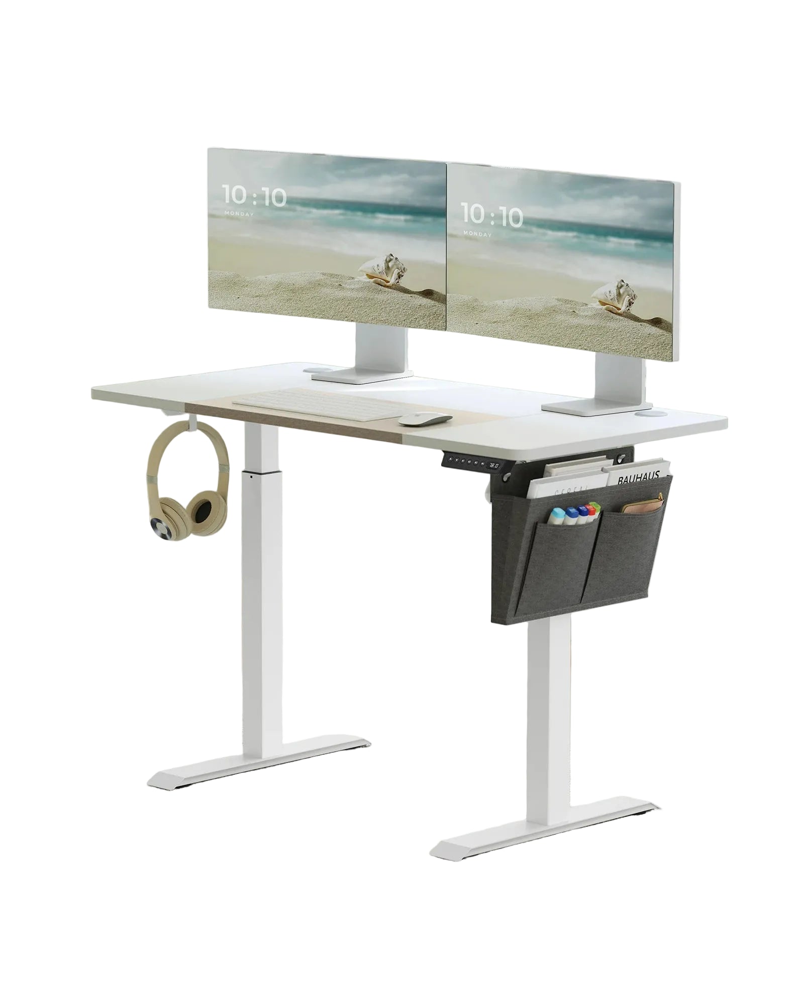 Elektrisch Höhenverstellbarer Schreibtisch 120/140/160 cm, Computertisch mit Memory-Funktion, Stoff-Organizer, Kabelmanagement und Haken