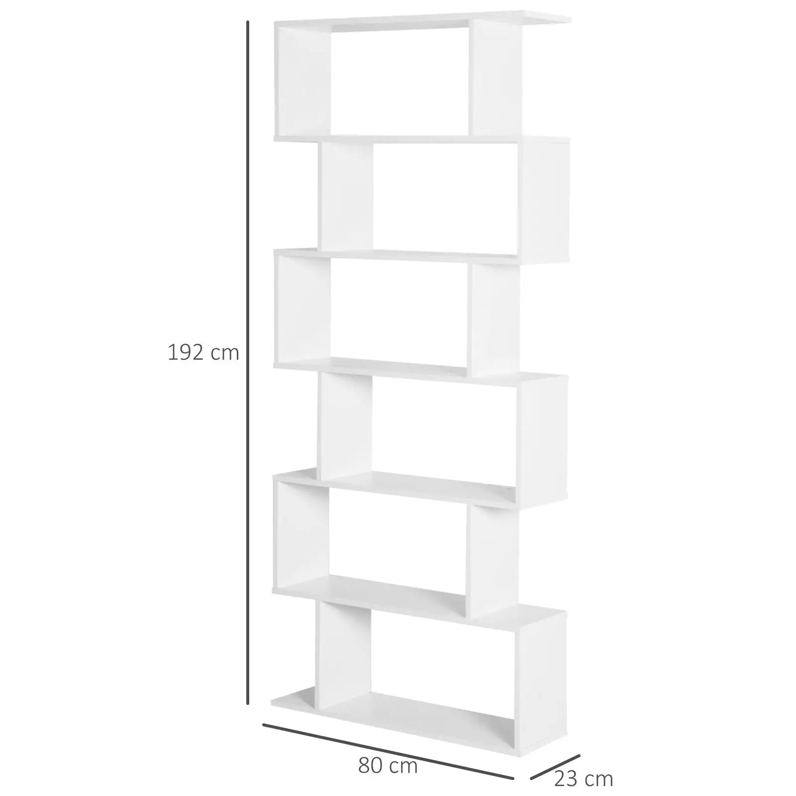 S-förmiges Bücherregal mit 6 Ebenen, Freistehendes Standregal aus Spanplatte, Weiß, 80 x 23 x 192 cm